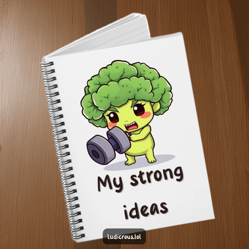 Funny broccoli floret notebook cover, determinedly trying to lift a dumbbell, inspiring entries about health and determination.