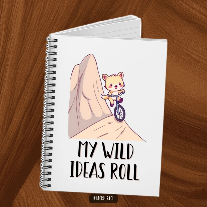 Funny notebook cover with a playful critter comically riding a unicycle down a ridiculously steep hill, encouraging daring writing.