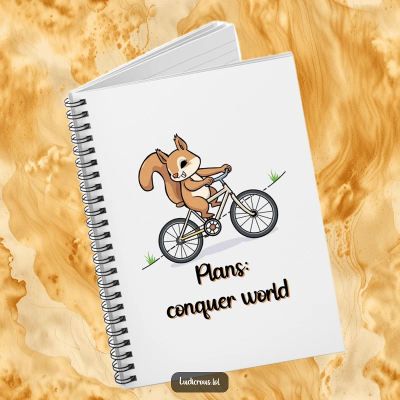 Funny squirrel furiously pedaling a miniature bicycle uphill on a notebook cover, inspiring humorous goal-setting and note-taking.