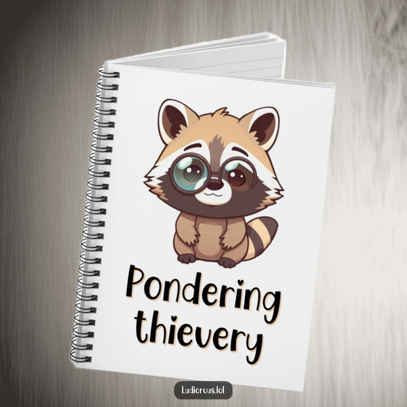 Funny raccoon notebook featuring a curious bandit in a comically oversized monocle, looking perplexed, ideal for jotting down clever thoughts.