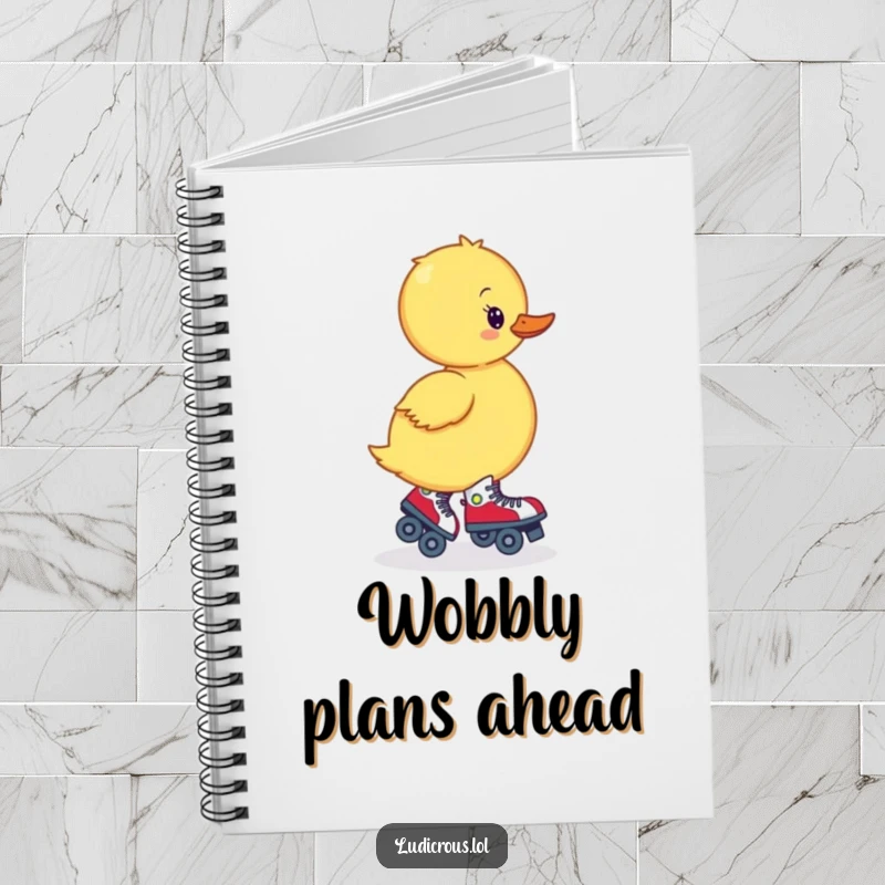 Funny notebook featuring a wobbly duckling hilariously attempting to roller skate backward, ideal for humorous note-taking.