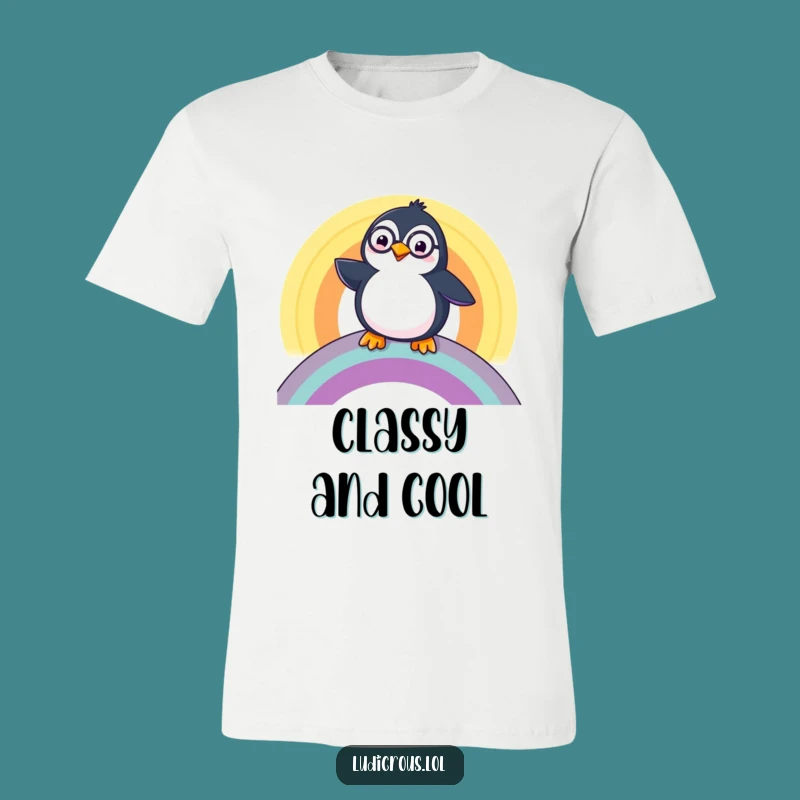 Funny Penguin Monocle T-Shirt: Dapper Bird's Rainbow Adventure, Hilarious Gift!