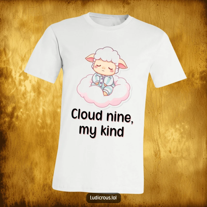 Funny t-shirt with a sleepy sheep wearing pajamas, peacefully floating on a vibrant cotton candy cloud, a delightful and humorous graphic tee.