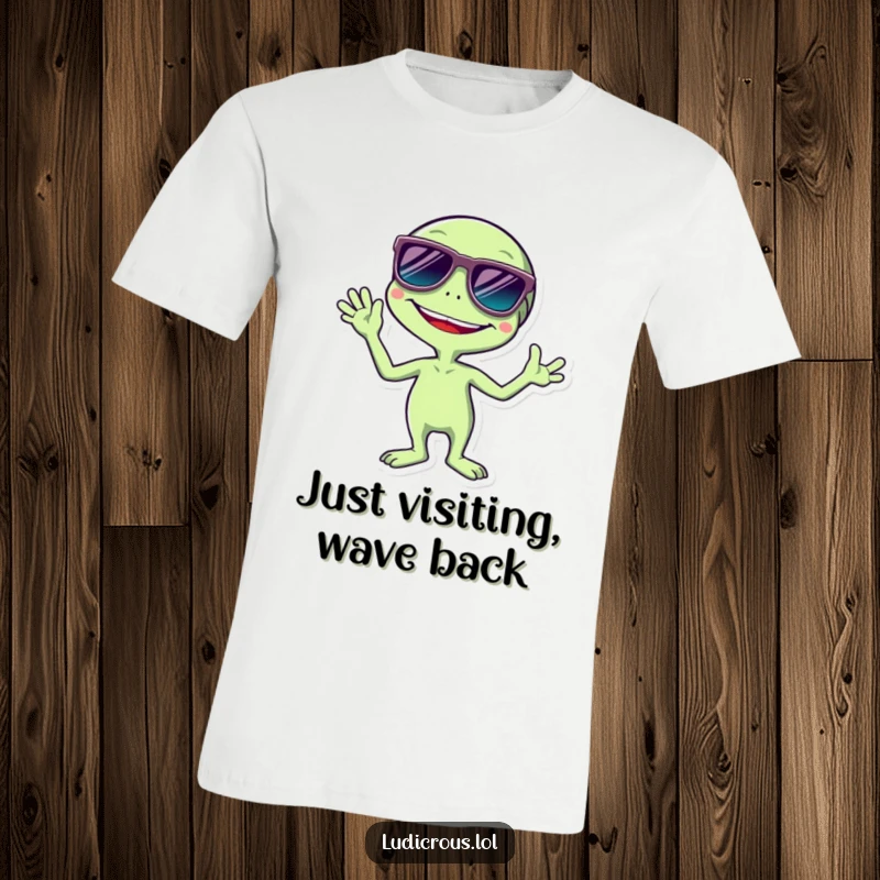 Funny t-shirt graphic: a gleeful alien with huge, tinted sunglasses, joyfully waving all its limbs, radiating pure, unadulterated extraterrestrial fun.