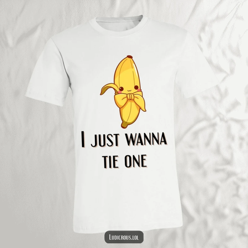 Funny t-shirt with a curious banana peel comically trying to tie itself into a neat bow, a silly fashion statement.