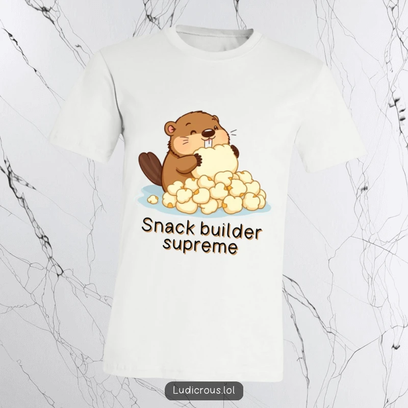 Funny t-shirt featuring a determined beaver attempting to build a dam with giant popcorn, a hilarious construction humor gift.