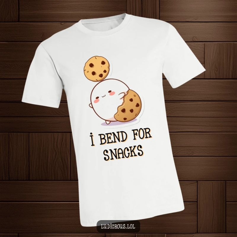 Funny t-shirt showcasing a comical blob character stretching impossibly thin to reach a tempting cookie, a humorous display of desire.