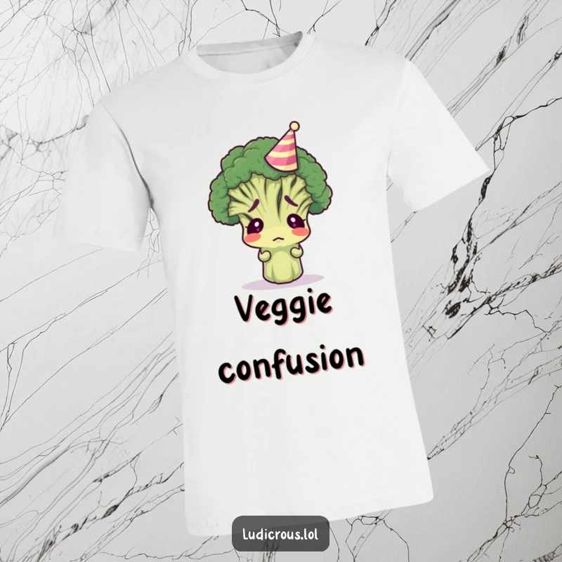 Funny broccoli floret in a tiny party hat, looking confused, printed on a comfortable t-shirt for humorous wear.