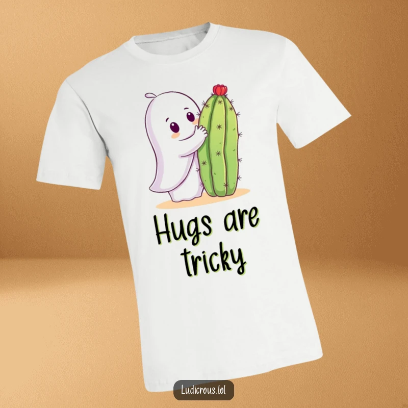 Funny t-shirt graphic of a curious ghost trying to embrace a spiky cactus, looking slightly pained but persistent.