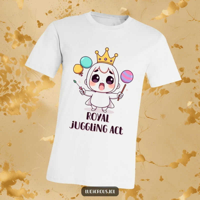 Funny t-shirt depicting a surprised crowned character comically juggling oversized, wobbly objects, highlighting a precarious but humorous situation.