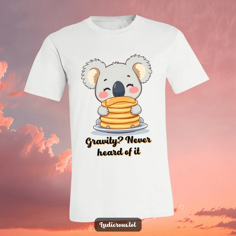 Funny koala t-shirt featuring a beaming character balancing a massive pile of pancakes on its nose, perfect for laughs.