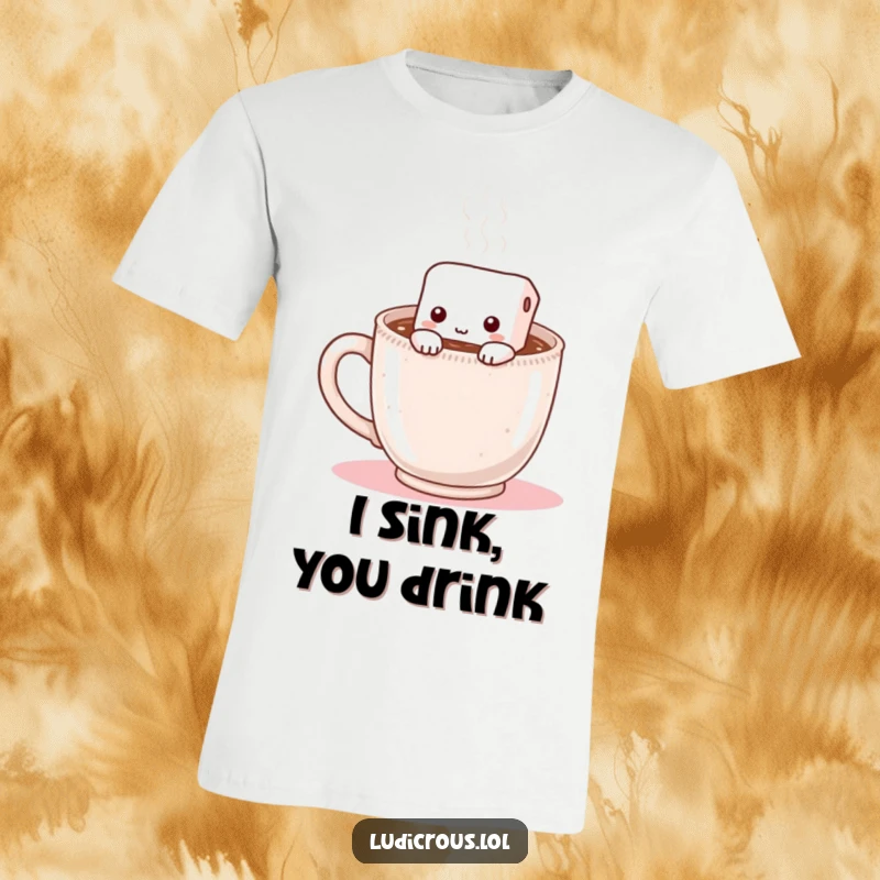 Funny t-shirt depicting a shy marshmallow hiding inside a steaming mug of hot chocolate, a relatable and comforting scene.