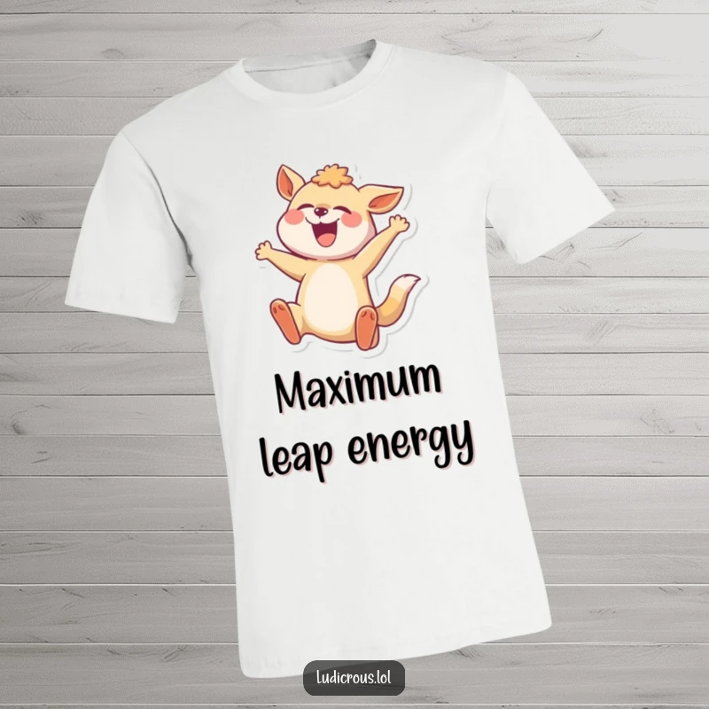 Funny t-shirt featuring a joyful animal in a comically exaggerated mid-leap pose, conveying pure excitement and athleticism.