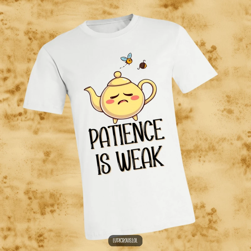 Funny nervous teapot t-shirt, aggressively whistling steam at a fly, representing relatable stress with a laugh.