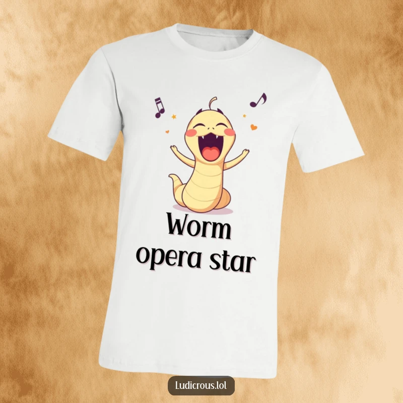 Funny t-shirt with a bouncing worm performing opera, mouth wide open in a dramatic, humorous song.