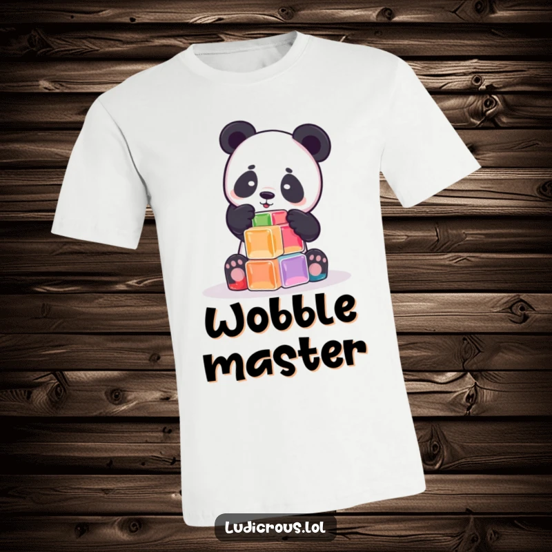 Funny playful panda attempting to stack wobbly Jell-O cubes on a t-shirt, showcasing precarious fun and determination.