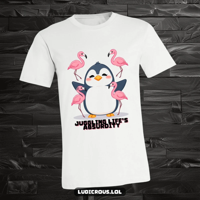 Funny t-shirt featuring a silly penguin looking confused while juggling three flamingos, a hilarious and absurd depiction.
