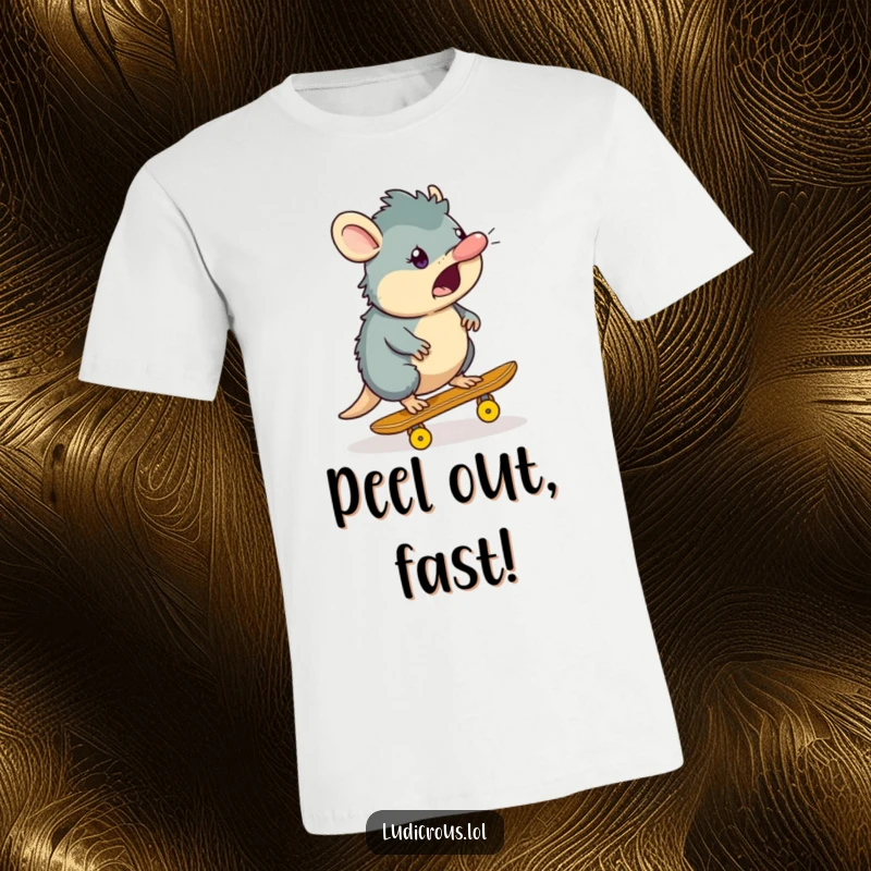 Funny platypus t-shirt with a surprised platypus character comically skateboarding on a single banana peel, a hilarious depiction of a slippery situation.