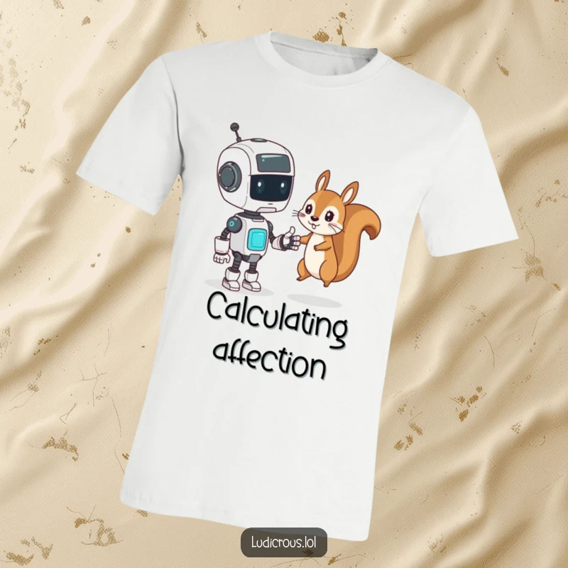 Funny T-Shirt depicting a confused robot attempting a high-five with a mischievous squirrel, humorous tech and animal design.