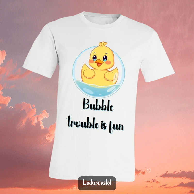 Funny t-shirt with a happy rubber ducky floating on a giant bubble with eyes wide with glee, perfect for cheerful souls.