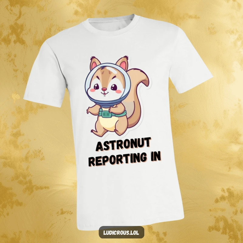 Funny squirrel astronaut t-shirt depicts a playful squirrel wearing a tiny helmet, floating weightlessly amongst stars.