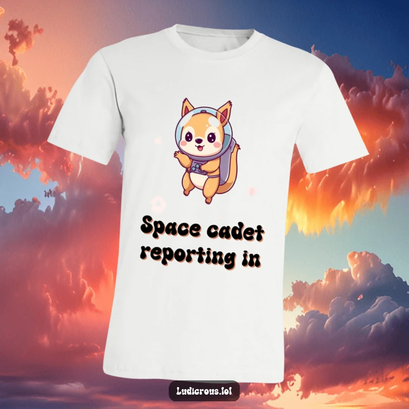 Funny t-shirt with a playful squirrel wearing a tiny astronaut helmet, floating adorably in space, a humorous and cute design.