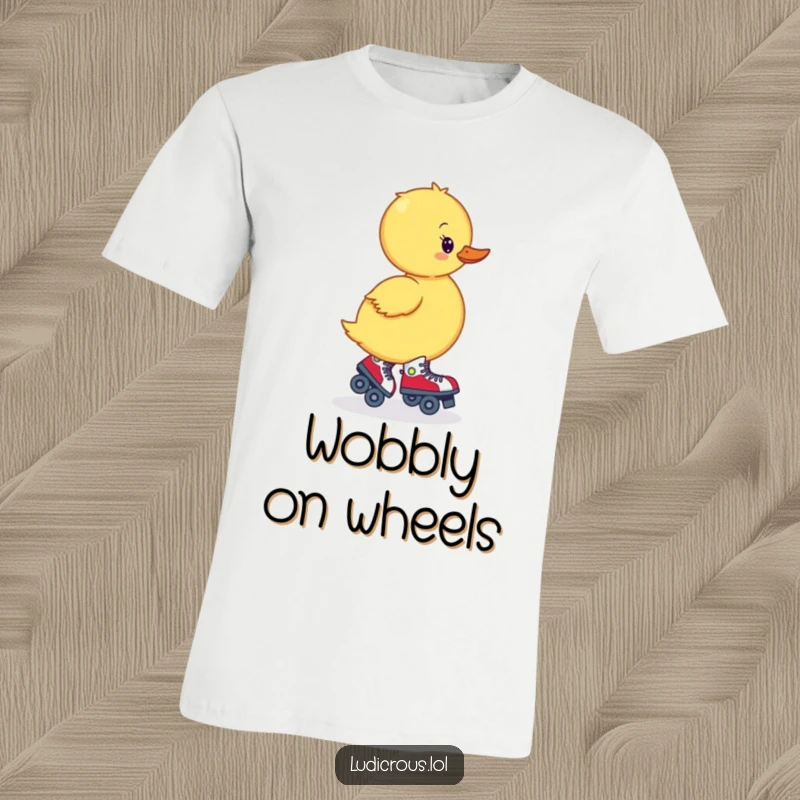 Funny t-shirt featuring a wobbly duckling hilariously attempting to roller skate backward, perfect for a funny and relatable gift.