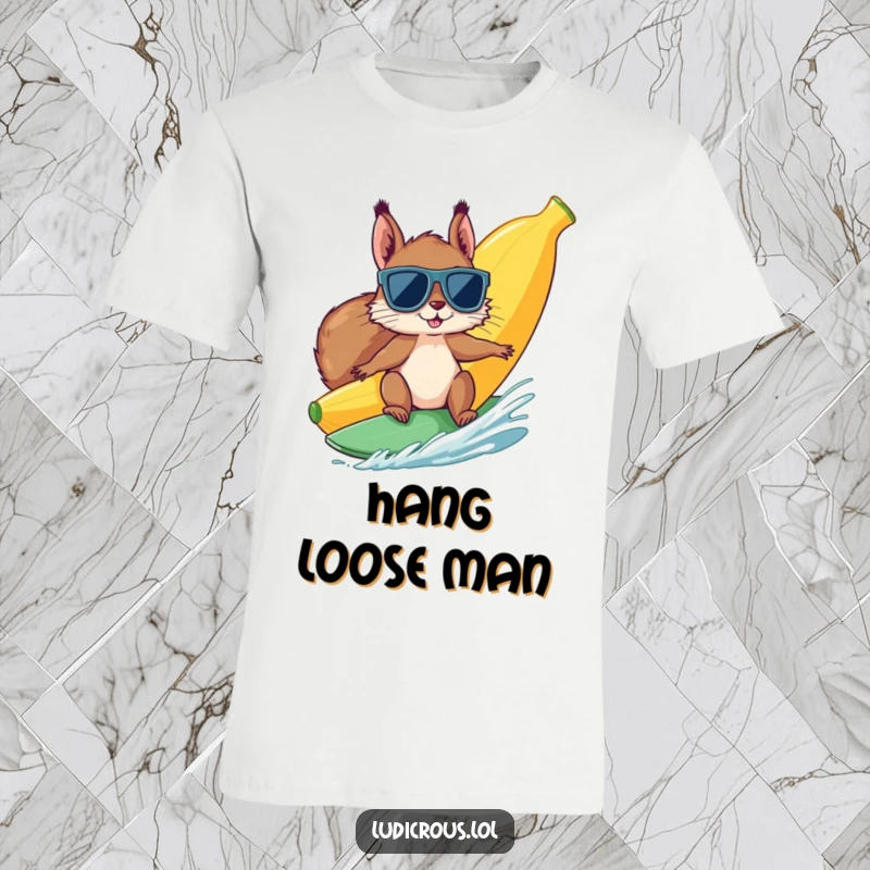 Funny squirrel wearing oversized sunglasses surfs a giant banana on a t-shirt, radiating cool, funny, and summery vibes.