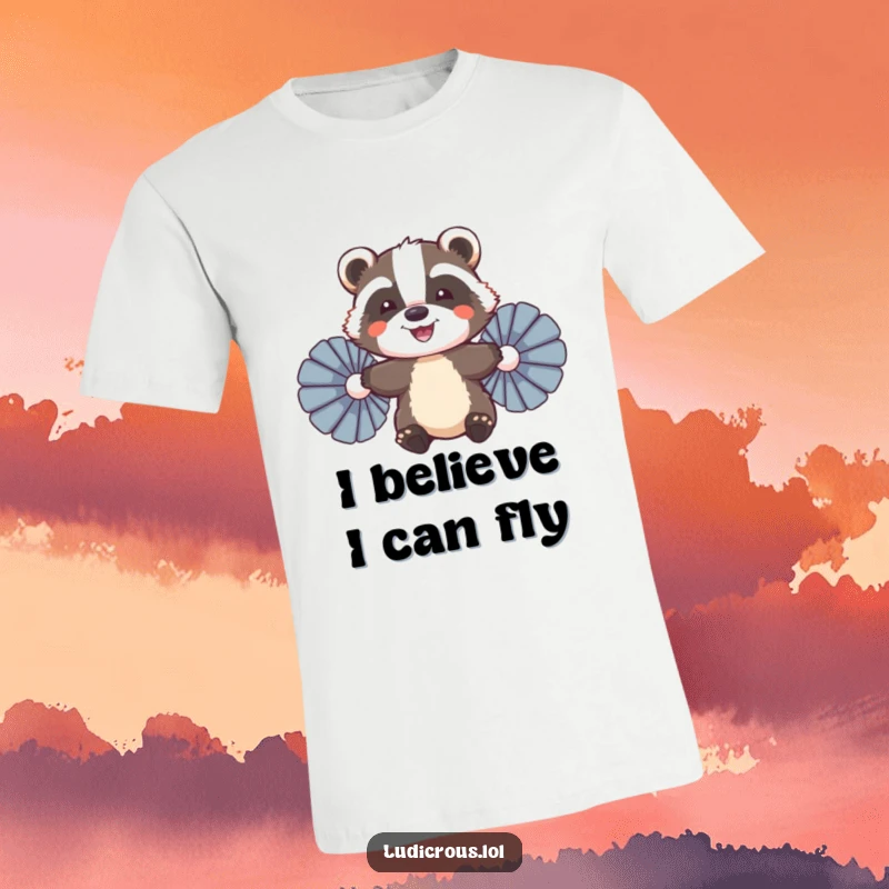 Funny Badger T-Shirt, a smiling badger comically using giant feather fans to attempt flight, embodying hopeful ambition.