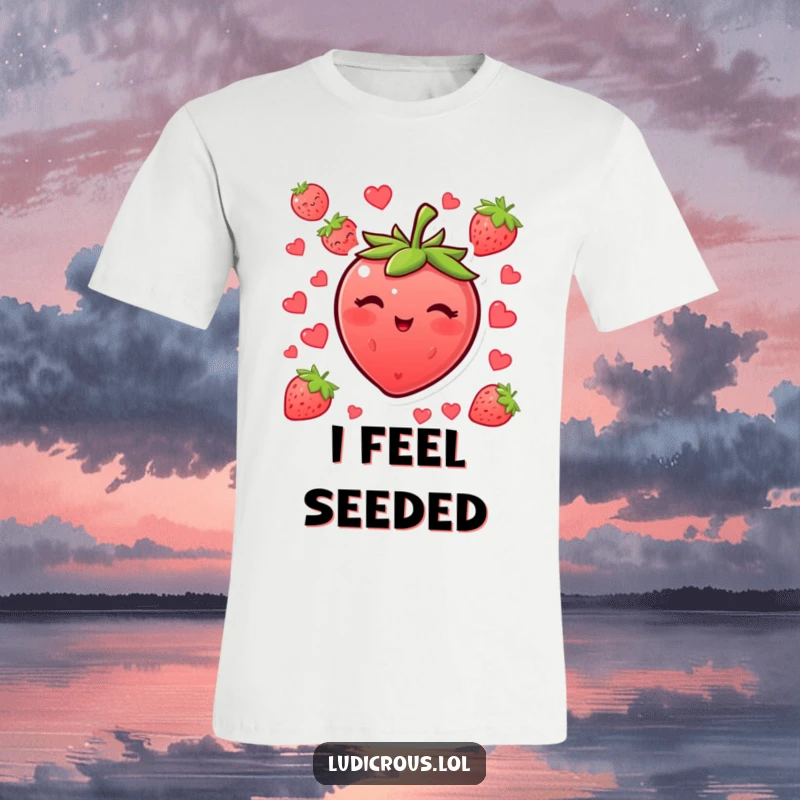 Funny blushing strawberry t-shirt winking with its seeds, displaying a cute and humorous fruit character.