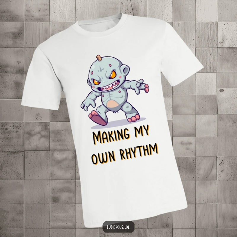 Funny determined golem character attempting to skip with heavy feet, this t-shirt celebrates perseverance humorously.