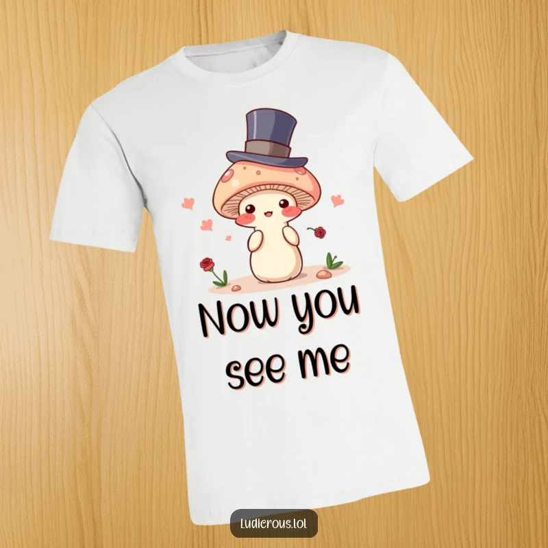 Funny t-shirt displaying a blushing mushroom in a top hat, attempting to vanish, a humorous and mystical graphic tee.
