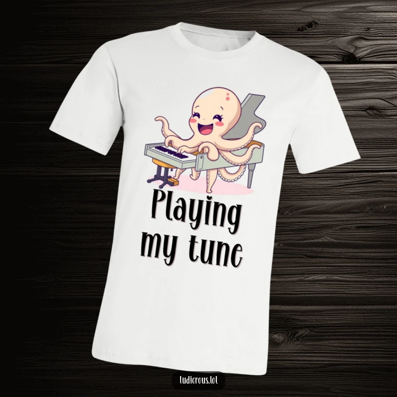 Funny t-shirt depicting a delighted octopus playing a piano with all its arms, celebrating music and marine life with humor.
