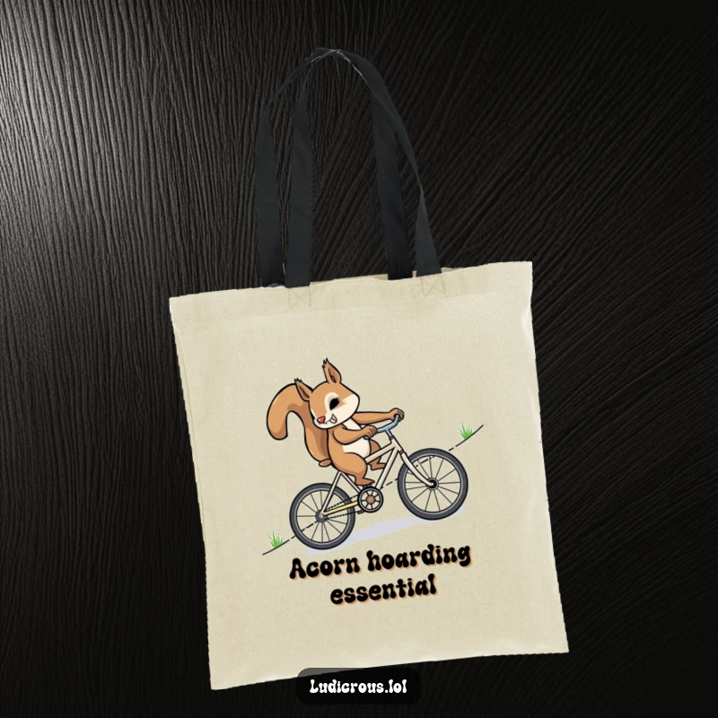 Funny squirrel furiously pedaling a miniature bicycle uphill, printed on a durable tote bag for humorous and practical carrying.