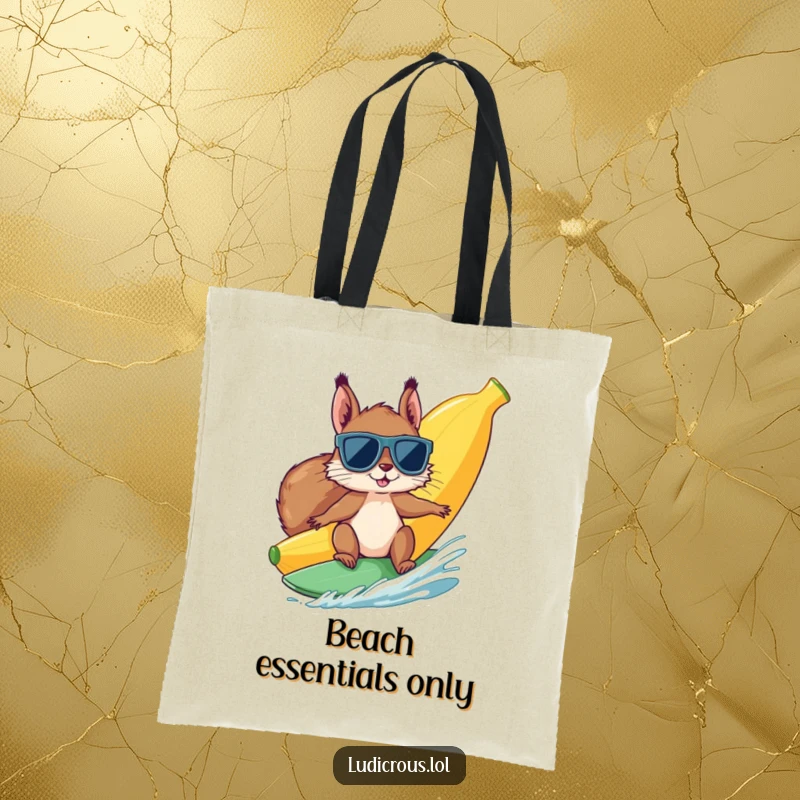 Funny squirrel wearing sunglasses surfs a giant banana, printed on a tote bag, ideal for carrying essentials with a humorous, sunny attitude.