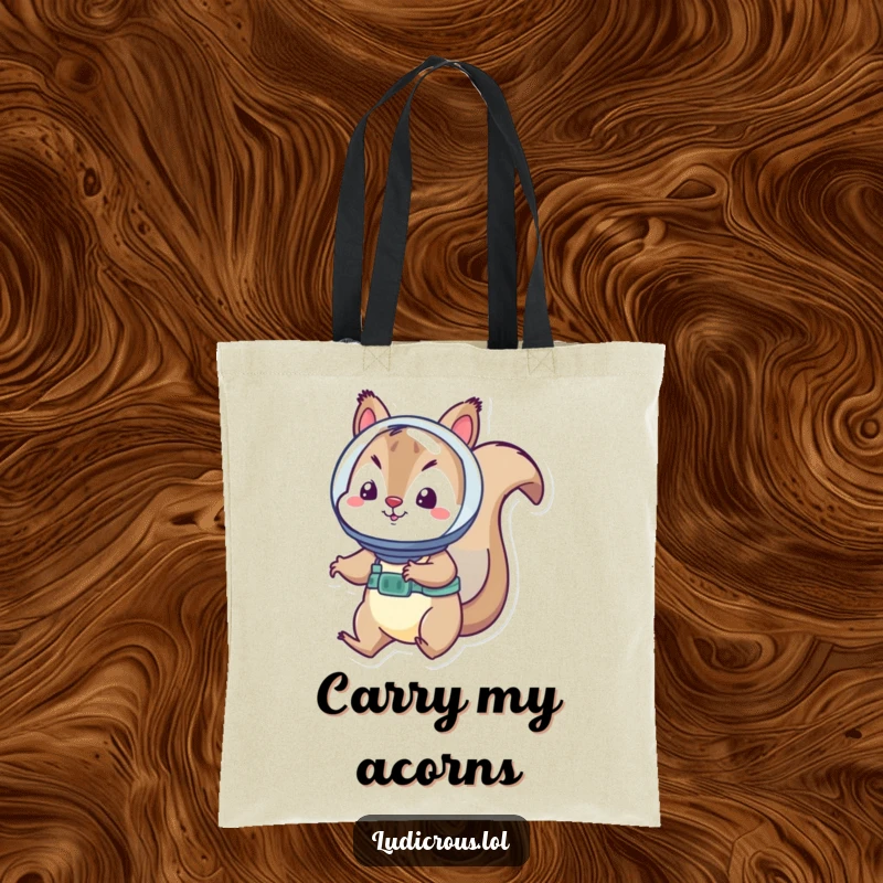 Funny squirrel astronaut tote bag shows a playful squirrel in a tiny helmet, floating in space with a nutty grin.
