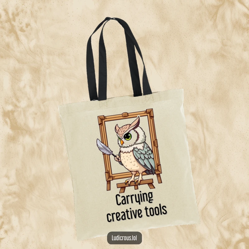 Funny tote bag with a majestic owl humorously painting a portrait with its tail feather, perfect for a stylish and artistic gift.
