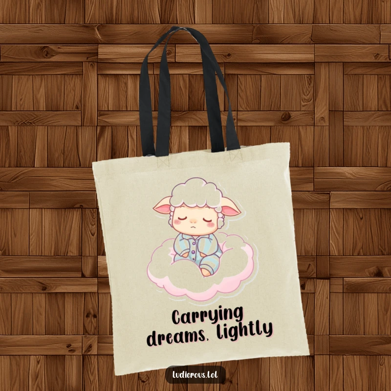 Funny tote bag showcasing a sleepy sheep in pajamas, floating on a dreamy cotton candy cloud, a humorous and functional accessory.