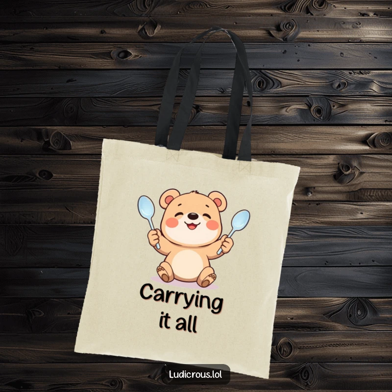 Funny tote bag illustration of a smiling bear cub juggling bent spoons. Humorous and practical accessory for daily use.