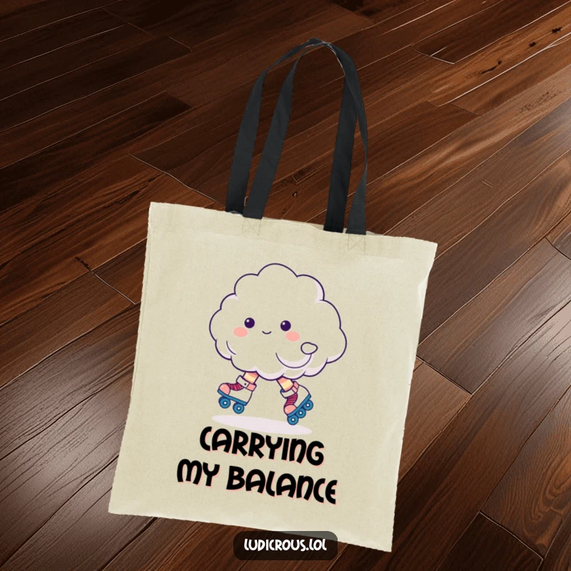 Funny, wobbly cloud character in roller skates, a whimsical and humorous design for a practical tote bag.