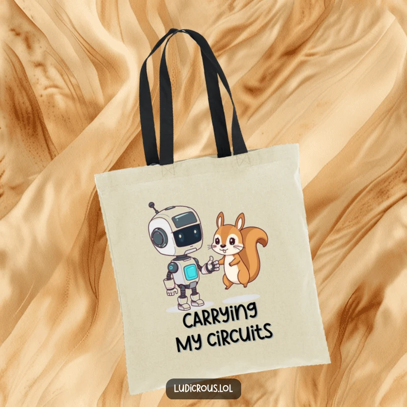 Funny Tote Bag featuring a confused robot attempting a high-five with a mischievous squirrel, practical tech humor.