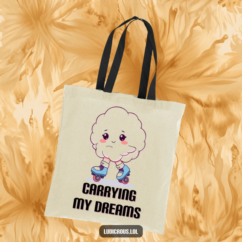 Funny tote bag illustration of a fluffy cloud on roller skates, captured mid-wobble with a comical sense of urgency.