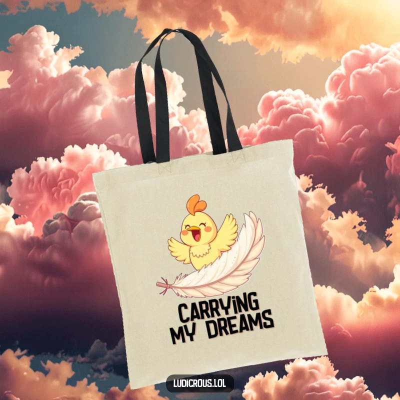 Funny rubber chicken gleefully soaring on a giant feather, printed on a durable tote bag for humorous and practical carrying.