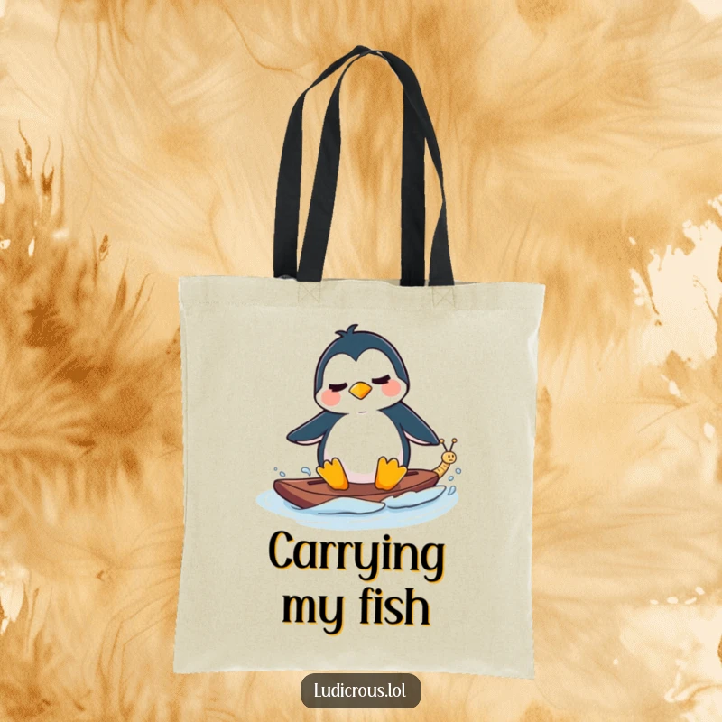 Funny Tote Bag featuring a perplexed penguin waterskiing behind a tiny, fast-moving snail, practical animal humor.
