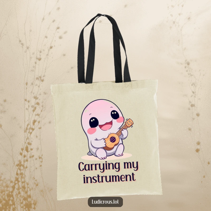Funny slime character happily playing a tiny ukulele, radiating joy despite poor skill, for a cute and funny tote bag.