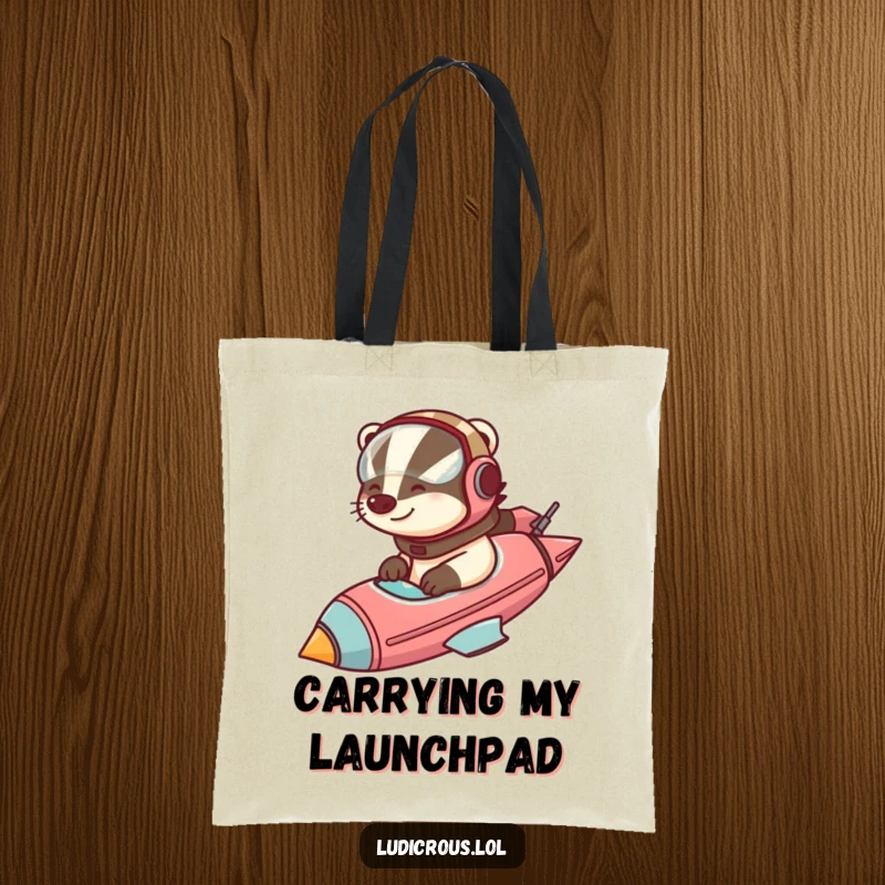 Funny badger in a helmet pilots a comically large rocketship, ready for launch, on a spacious and stylish tote bag.
