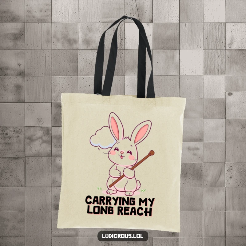 Funny tote bag featuring a cheerful rabbit with a long pole trying to pet a fluffy cloud, illustrating a humorous and imaginative scenario.