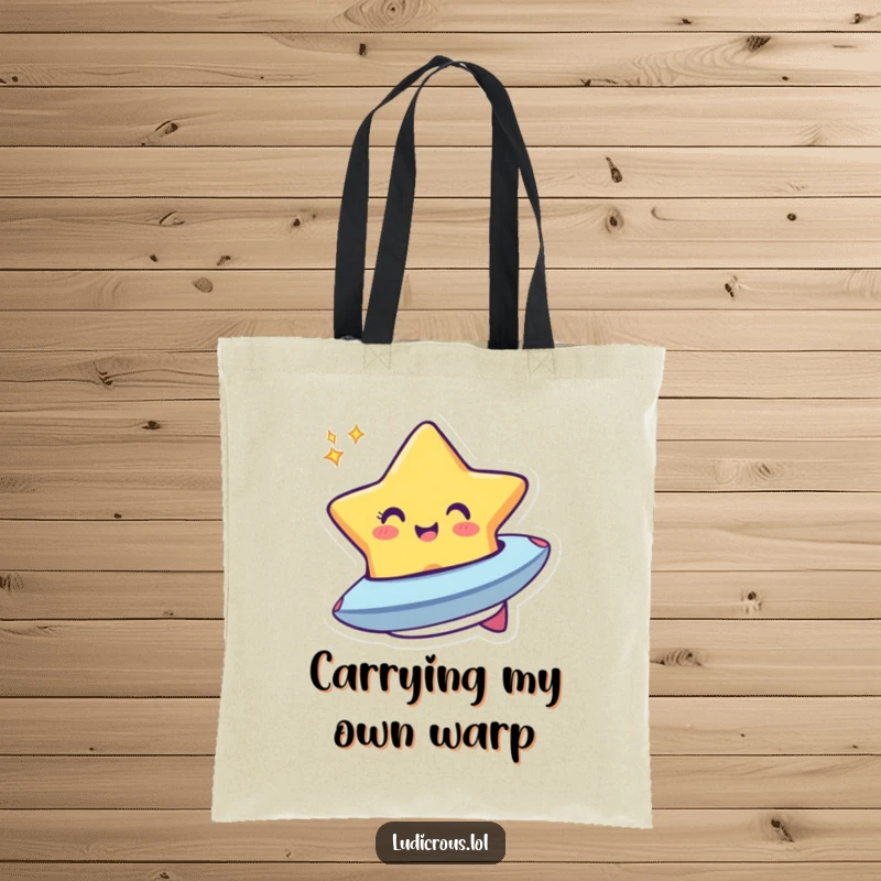 Funny tote bag illustrating a cheerful star winking and transforming into a small spaceship, a whimsical and practical accessory.