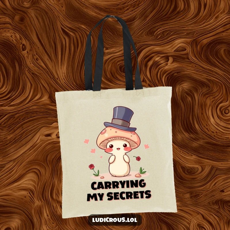 Funny tote bag with a shy mushroom character in a top hat, trying to disappear, ideal for carrying essentials with humorous charm.