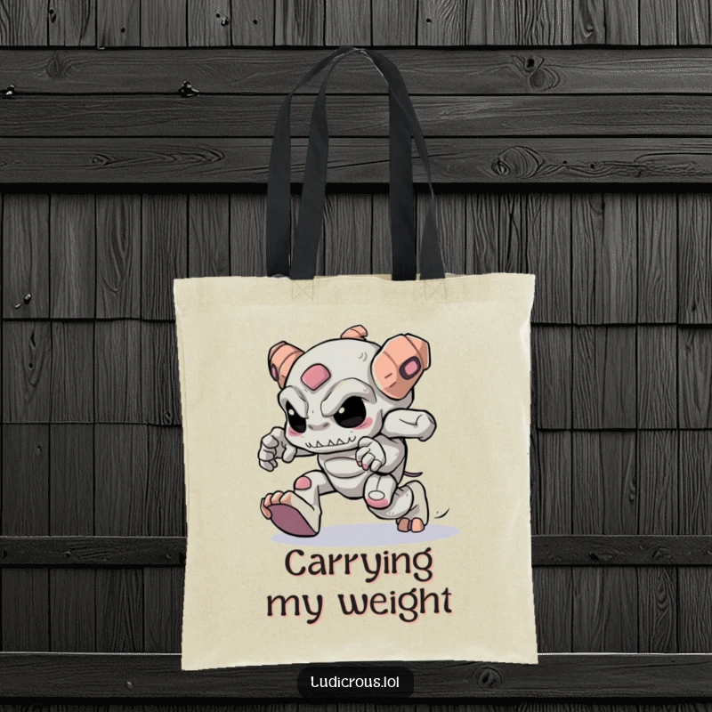 Funny golem character with heavy feet trying to skip, a humorous and practical tote bag.